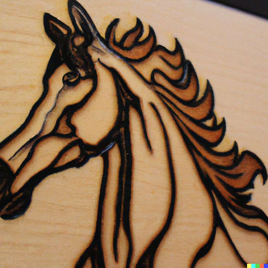 a horse, pyrography on a piece of wood